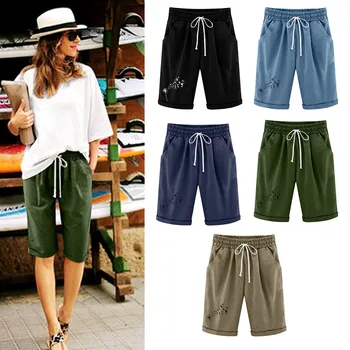 נשים קיץ שן הארי הדפסה מכנסיים קצרים לשרוך החוף אימון עם כיס חמש נקודה חופשי להתאים את המכנסיים.
