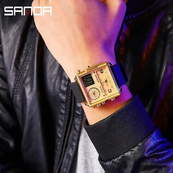 סאנדה המקורי יוקרה שעון דיגיטלי על אדם 3Time סטופר זוהר ספורט שעונים של גברים שעון היד עמיד למים שעון מעורר