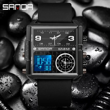 סאנדה המקורי יוקרה שעון דיגיטלי על אדם 3Time סטופר זוהר ספורט שעונים של גברים שעון היד עמיד למים שעון מעורר