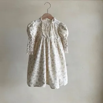 סגנון קוריאני אביב סתיו תינוקת מתוקה שמלת תחרה טלאים פאף שרוול הדפס פרחוני שמלת נסיכה היילוד בגדים E6325