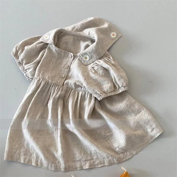 סגנון קוריאני קיץ שמלת ילדה תינוק חמוד חרצית רקמה דש פאף שרוול קצר ג ' ינס, שמלות בגדי ילדי E25366