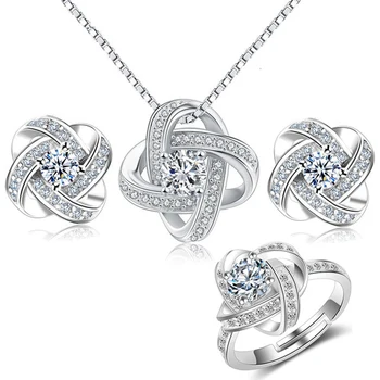 סטרלינג 925 תכשיטי כסף להגדיר עבור נשים לנצח אוהב טוויסט פרח קריסטל קשר שרשרת+עגילים+טבעת נישואין Faux de Prata