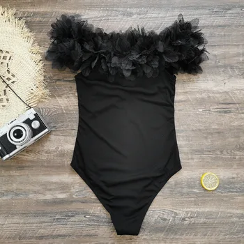 סקסית קפלים Bandeau בגד ים 2023 נשים שחור מוצק מחוץ כתף בטן שליטה חתיכה אחת בגדי חוף בגד ים טריקיני.