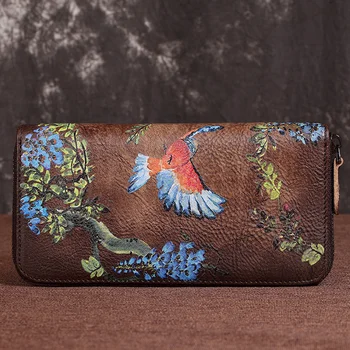 עור אמיתי נשים זמן הארנק ID/כרטיסי אשראי ציפור, פרח נקבה היד המצמד מקרה טלפון סלולארי שקיות שימושי התיק עם הכסף בארנק