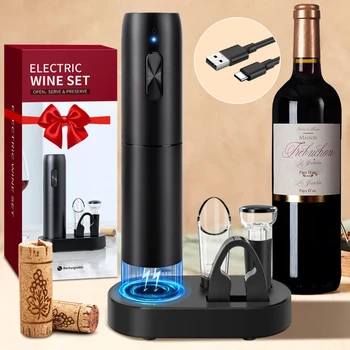 פותחן יין חשמלי מוגדר עם בסיס טעינה אוטומטית חולץ פקקים עם Aerator מוזגת לסכל חותך מטבח בר מסיבת.