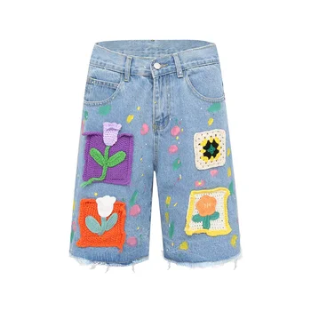 פרחים סרוגים מכנסי ג ' ינס קצרים נשים 2023 הקיץ החדש תעשייה כבדה גבוהה המותניים חופשי גותי רטרו אופנה מזדמן חמש נקודות המכנסיים