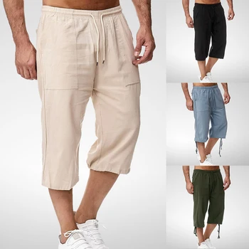פשתן קצרים גברים 3/4 באורך הברך כותנה גדול גודל 5xl גבוהה המותניים בתוספת גודל 3XL מכנסי ברמודה הגברי של הגברים ארוך מכנסי קיץ