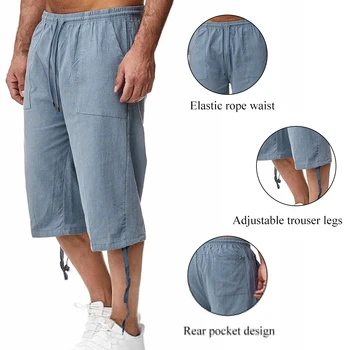 פשתן קצרים גברים 3/4 באורך הברך כותנה גדול גודל 5xl גבוהה המותניים בתוספת גודל 3XL מכנסי ברמודה הגברי של הגברים ארוך מכנסי קיץ