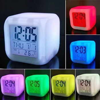צבע LED זוהר שעון מעורר אלקטרוני אזעקה Clockwith תאריך אזעקה מדחום שולחן עבודה שולחן הקובייה שעון מעורר לילה זוהרת