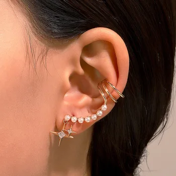 קוריאני אופנה קריסטל כוכב עגילים לנשים בתכשיטים עם אוזן קליפ אופנה פרל Earings האוזן קליפים Pendientes Brincos 2Z60