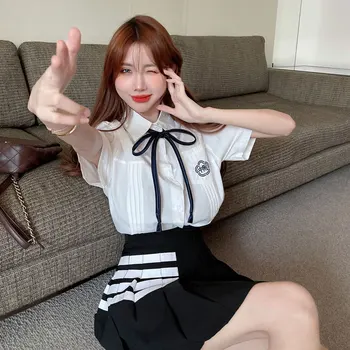 קוריאני המכללה סגנון החליפה נשים שיק נישה קצר שרוול חולצה לבנה, גג גבוה מותן קפלים החצאית שני חלקים סט בגדים נשיים