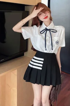 קוריאני המכללה סגנון החליפה נשים שיק נישה קצר שרוול חולצה לבנה, גג גבוה מותן קפלים החצאית שני חלקים סט בגדים נשיים