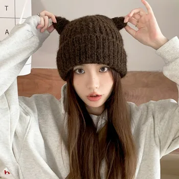 קוריאני חדש חתול חמוד האוזניים סרגה כובעי נשים סתיו חורף מתוק וחמוד מראה הפנים קטן חמים האוזן הגנה כובעים כובעים