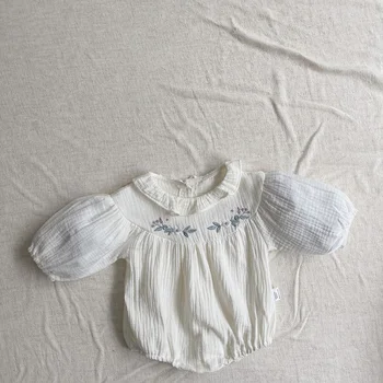 קפלים תחרה צווארון בייבי בנות רומפר האביב רך המוסלמים כותנה תינוק תינוק רקמה פרחונית סרבל לילדים הסרבל.