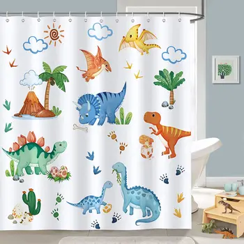 קריקטורה מצחיק דינוזאור מקלחת וילונות חיות חמודות צמחים טרופיים קקטוס ילדים וילון אמבטיה בד אמבטיה עיצוב עם ווים