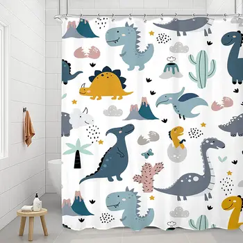 קריקטורה מצחיק דינוזאור מקלחת וילונות חיות חמודות צמחים טרופיים קקטוס ילדים וילון אמבטיה בד אמבטיה עיצוב עם ווים