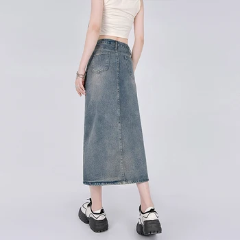 רטרו בסגנון תכליתי צד פיצול ג ' ינס חצאית חצי חצאית נשים גבוהה המותניים מזדמנים באמצע אורך החצאית סלים קו חצאית קיץ