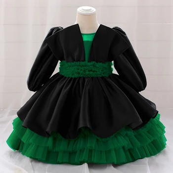 רשמית שרוול ארוך 1 יום הולדת שמלת ילדה תינוק בגדי טבילתו Balck ירוק שמלת נסיכת בנות שמלות מפלגה שמלת הטקס.