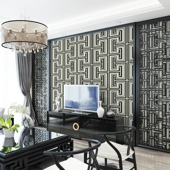שחור ולבן טפט גיאומטרי מפתח יווני קלאסי סריג טפט בסלון מסעדה תה House Hotel עיצוב קיר