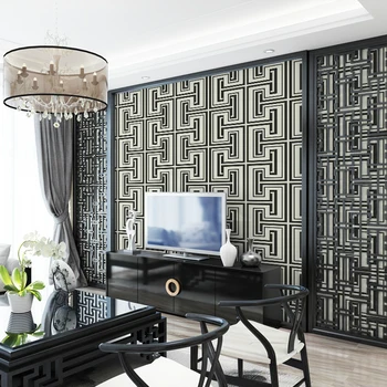 שחור ולבן טפט גיאומטרי מפתח יווני קלאסי סריג טפט בסלון מסעדה תה House Hotel עיצוב קיר