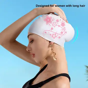שחייה ספורט כובע פרחוני הדפסה של נשים כובע שחייה עם גומי סיליקון להגנה על האוזן ספורט עמיד למים עבור בנות מבוגרים