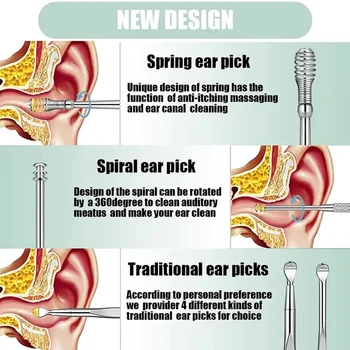 שעוות אוזניים מגרד להסרת ערכת שעווה באוזן ניקוי מסיר אוזנו לבחור כלים לשימוש חוזר האוזן לניקוי נירוסטה/ABS Earpick ניקוי