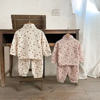 תוספות קוריאני בנות תינוק 2PCS סט בגדים כותנה פרחוני שרוול ארוך צווארון Pullovers וופל חליפת מכנסיים פעוטות בנות תלבושות