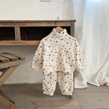 תוספות קוריאני בנות תינוק 2PCS סט בגדים כותנה פרחוני שרוול ארוך צווארון Pullovers וופל חליפת מכנסיים פעוטות בנות תלבושות
