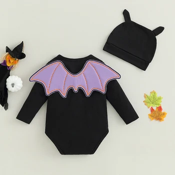 תינוק בייבי בנות בגדי ילד 3PCS ליל כל הקדושים תלבושת שחורה שרוול ארוך הדפסה הוללות עם קריקטורה כובע כנף עטלף