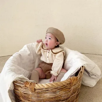 תינוק ילדה הבגדים להגדיר מוסלין אביב 0-3Y תינוק כותנה אורגנית דש הים סגנון שרוול ארוך חולצות + מכנסיים לתינוק הנולד סטים