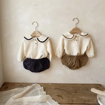 תינוק ילדה הבגדים להגדיר מוסלין אביב 0-3Y תינוק כותנה אורגנית דש הים סגנון שרוול ארוך חולצות + מכנסיים לתינוק הנולד סטים