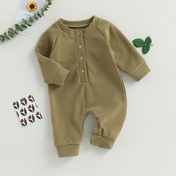 תינוק תינוק בגדי הגוף מוצק צבע כפתורים שרוול ארוך צוואר צוות סרבלים תינוק סתיו חורף בגדים