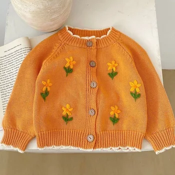 תינוקת ארוך שרוול לסרוג סוודר ילדים פרח מתוק סריגה אחת עם חזה סוודר בנות סרוגים ' קט בגדי תינוקות