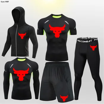 תרמית חדשה תחתוני Mens הריצה דחיסה שרוול ארוך חולצות+חותלות ספורט ערכות פיתוח גוף גברים חליפת Rashgard MMA 